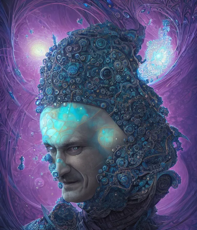 Image similar to front!!! shot of a court jester!!! character, mesmerizing fractal hypercubes, dark holography!!!, future, oil slick nebula, crystalline edges, (((intricate))), elegant, highly detailed, centered, (((artstation, concept art, smooth, sharp focus, artgerm, Tomasz Alen Kopera, Peter Mohrbacher, donato giancola, Joseph Christian Leyendecker, WLOP, Boris Vallejo))), ((raytracing)), mugshot!!!!!, ugly!!!!!!, octane render, nvidia raytracing demo, octane render, nvidia raytracing demo, octane render, nvidia raytracing demo, grainy, muted, 8K, digitalblasphemy, metatron