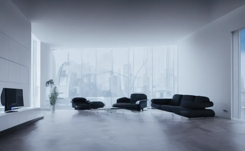 Prompt: futuristic minimalist living room, surreal, coherent composition, architecturally accurate, architecture photography, 8 k