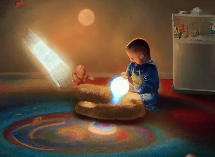 Prompt: toddler elon musk sittingon a shaggy rug playing with his shiny space rockets, realistic painting, beautiful soft lighting, istvan sandorfi