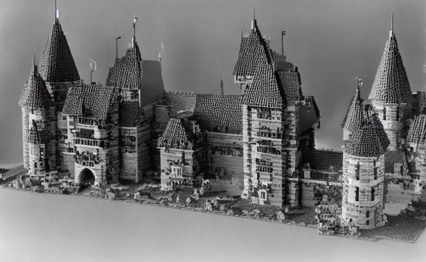 Image similar to an old black-and-white photograph of a Lego castle