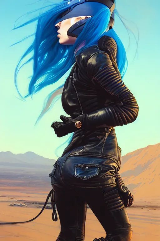 Image similar to a ultradetailed beautiful panting of post apocalyptic woman biker with helmet. blue hair. opened leather jacket, pretty face, high detailed face, in front of burning desert, anatomically correct, by ilya kuvshinov, greg rutkowski and makoto shinkai, trending on artstation