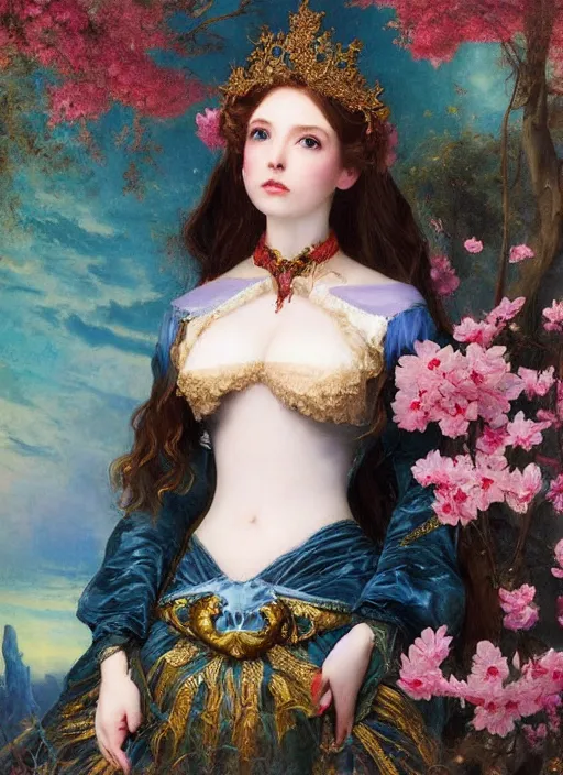 Image similar to Amouranth as an evil princess by Frederick Edwin Church and James Jean, rule of thirds, seductive look, beautiful, in Harajuku Japan during sakura season, masterpiece, Refined