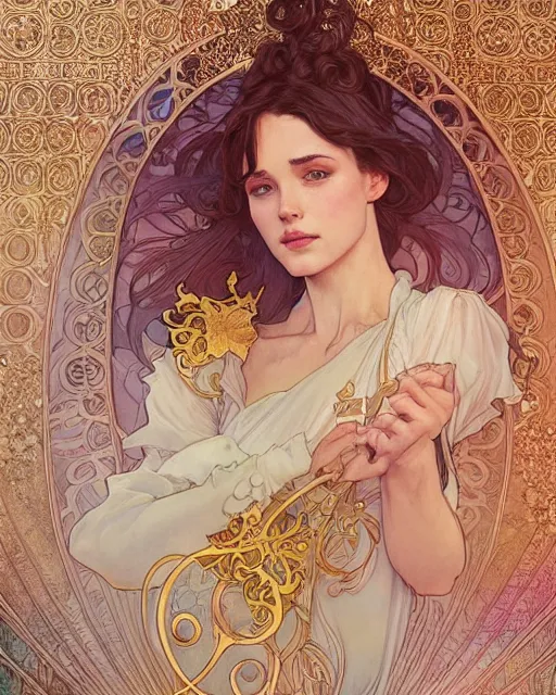 Image similar to secret romance, highly detailed, very intricate, art nouveau, gold filigree, romantic storybook fantasy, soft cinematic lighting, award - winning, disney concept art watercolor illustration by mandy jurgens and alphonse mucha and alena aenami, pastel color palette, featured on artstation