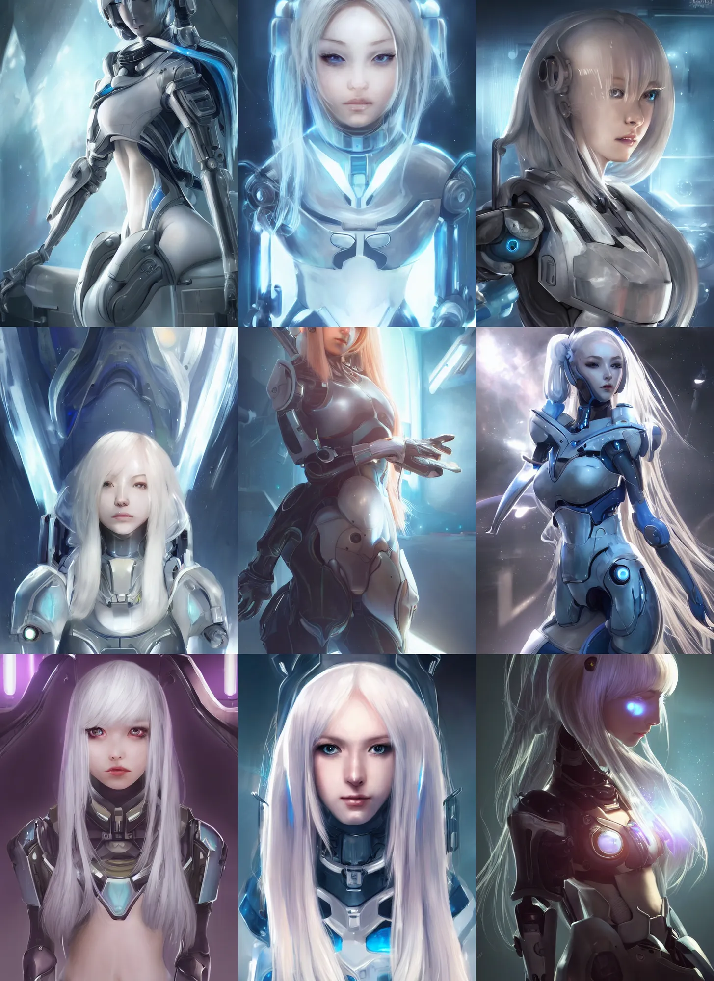 Image similar to perfect android girl, warframe armor, beautiful face, scifi, futuristic, space station, laboratory, kwak ji young, dreamy, long white hair, blue cyborg eyes, cinematic lighting, innocent, highly detailed, very cute, focused, artstation, divine, by gauthier leblanc, kazuya takahashi, huifeng huang, jama jurabaev