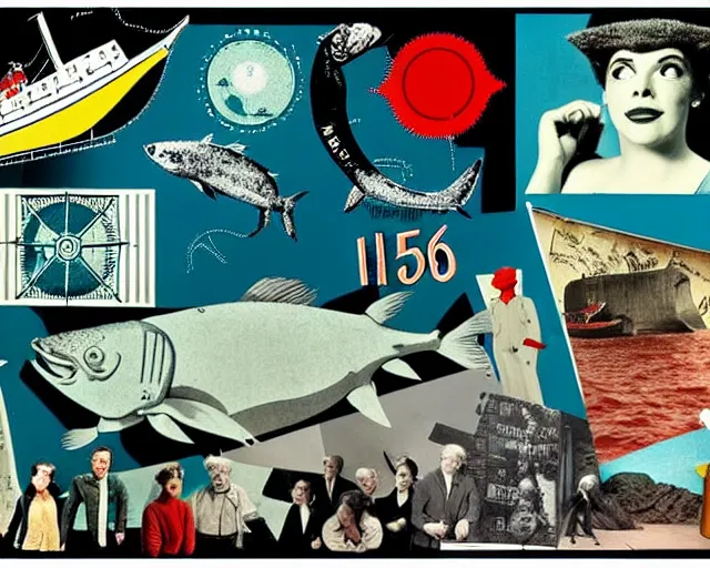 Prompt: footage of a theater stage, 1956 poster, cut out collage, La Nouvelle Vague, break of dawn on Neptun, epic theater, arctic fish, nautical maps, NY style grafitti, in style of Monthy Python, composition by Terry Gilliam, written by H.P. Lovecraft, lens flare