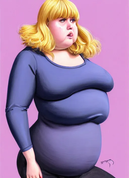 Image similar to full body portrait, teenage betty cooper, blonde hair, obese, bangs, ponytail, sultry, realistic, sultry smirk, fluffy bangs, curly bangs, fat, belly, beautiful girl, intricate, elegant, highly detailed, digital painting, artstation, concept art, smooth, sharp focus, illustration, art by wlop, mars ravelo and greg rutkowski