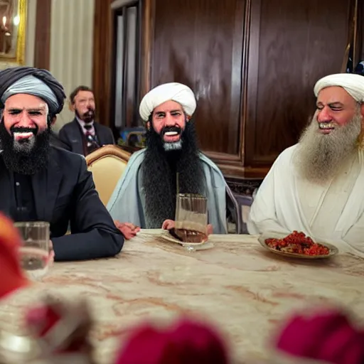 Image similar to 4 k hdr portrait wide angle photo of president joe biden as a taliban muslim leader with a beard laughing at a dinner table meeting surrounded by taliban terrorist leaders who are dancing with oil barrels in the background