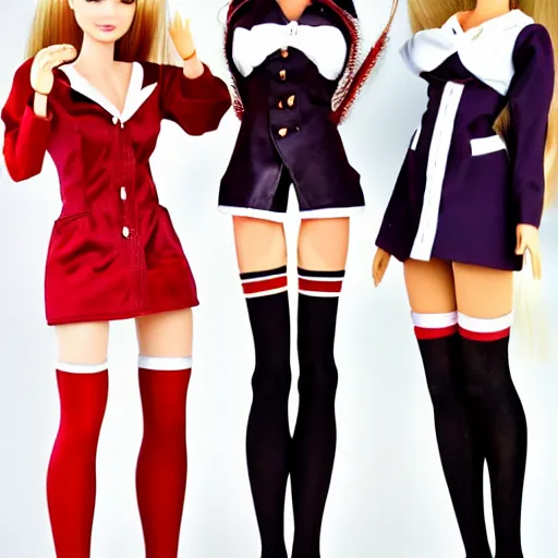 Image similar to anime barbie doll, 5 dolls, doctor suit, playboy, leather, in red velvet stockings, a nurse's dress, full length, heels on her feet