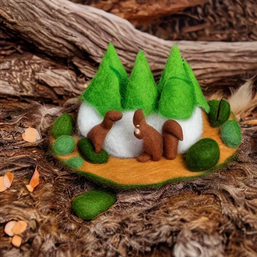 Image similar to high - res photograph of a felt sculpture diorama with cute fluffy forest critters, highly detailed sculpey diorama, forest setting, waterfall backdrop, realistic materials, wood, felt, cloth, burlap, smooth, sharp foccus, commercial product photography,