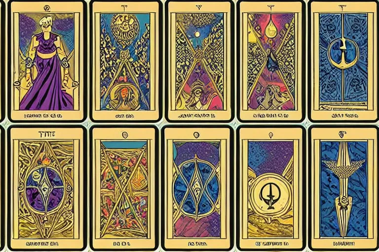 Prompt: tarot card designs featuring magic gemstones, ornate pattern borders