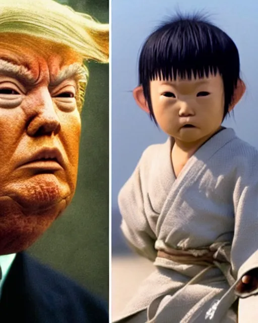 Image similar to Donald Trump as Ronin Ogami Ittō in Lone Wolf and Cub and Baby Yoda as Daigorō, photorealistic, Cinematic, Japanese