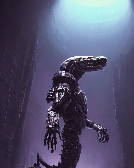 Image similar to Sci-Fi Crocodile alien, armored, big, art by Kashin, Wadim, Martinière, Stephan, holding rifle, sharp focus, pitch black cursed evil Spaceship hallway, dark light, soft purple glow, heroic pose, sci-fi artwork, octane render, dead space artwork, cyberpunk, warm light, occult, magical, volumetric lighting, 8k high definition, highly detailed, trending on art Station, centered, by Greg Rutkovski, sci-fi artwork, arnold render