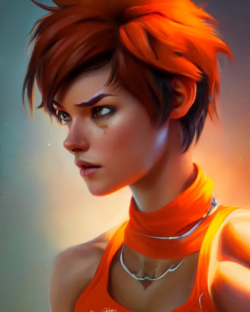 Prompt: play of the game of tracer wearing orange halter top, perfect face, brown hair, abs, cinematic, stunning, cute, adorable, strong, highly detailed, psychedelic, digital painting, artstation, smooth, hard focus, illustration, art by jessica rossier and and brian froud