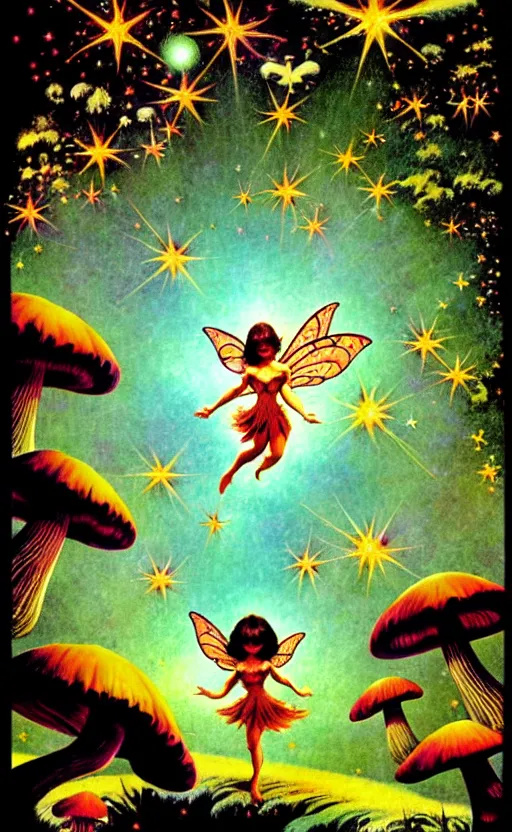 Image similar to stars in the sky fairies flying into an enchanted forest mushrooms on the ground psychedelic wide angle shot white background vector art illustration by frank frazetta