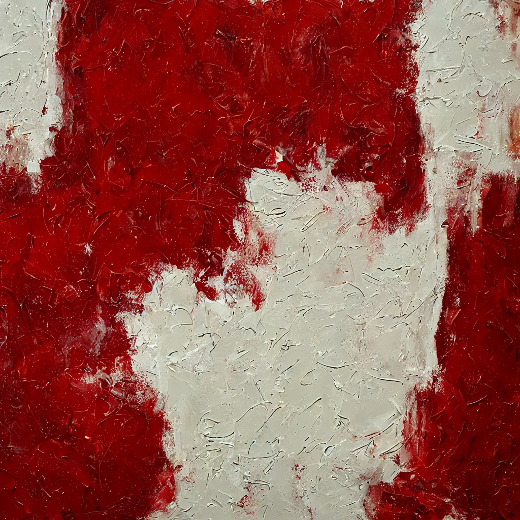 Image similar to thick creamy impasto, white thick heavy brush marks on a dark red background - i