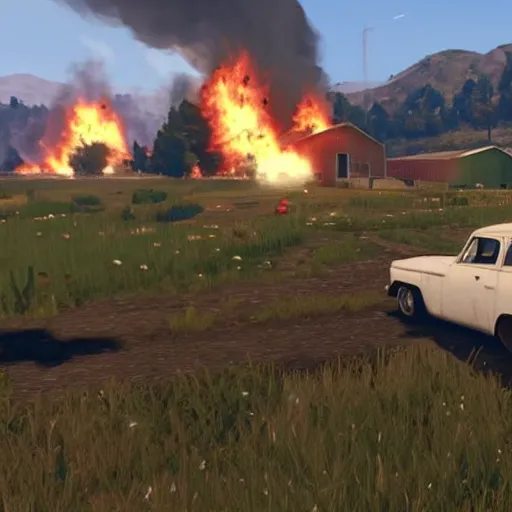 Image similar to a small vintage farm on fire in a field in the style of GTA V, gameplay footage