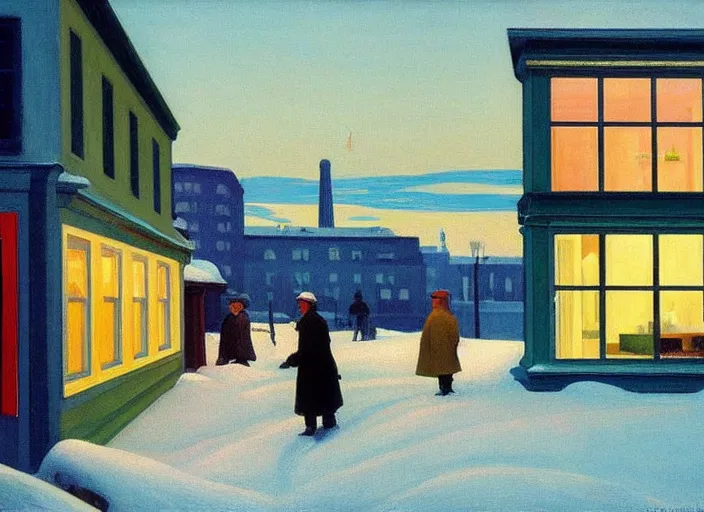 Image similar to a peaceful view of a helsinki on a winter evening, snowfall, cold color scheme, painting by edward hopper