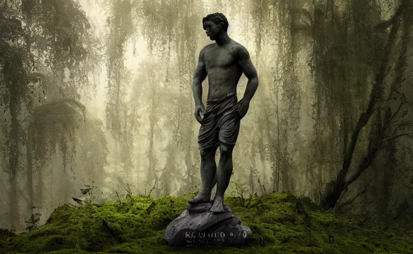 Image similar to a mossy marble statue of Cristiano Ronaldo abandoned in the middle of a forest near a lake at sunset by Greg Rutkowski, concept art, godrays, complementary colors, calm, relaxing, beautiful landscape, highly detailed, high quality, 4k HDR, path tracing, serene landscape, high coherence, soft lighting