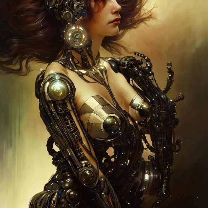 Image similar to liquid cyborg, black oil, diffuse lighting, fantasy, intricate, elegant, highly detailed, lifelike, photorealistic, digital painting, artstation, illustration, concept art, smooth, sharp focus, art by john collier and albert aublet and krenz cushart and artem demura and alphonse mucha