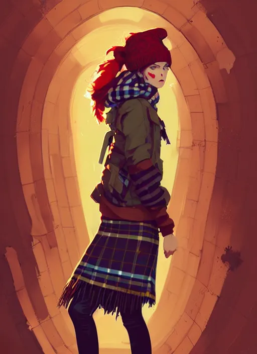 Image similar to highly detailed portrait of a sewer punk lady student, beanie, tartan scarf, wavy blonde hair by atey ghailan, by greg rutkowski, by greg tocchini, by james gilleard, by joe fenton, by kaethe butcher, gradient red, black, brown and gold color scheme, grunge aesthetic!!! graffiti tag wall background