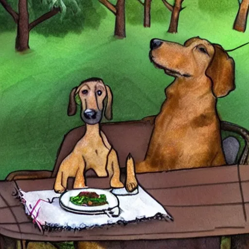 Prompt: un perro en el bosque comiendo en un cuenco, estilo dibujo