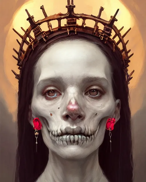 Prompt: portrait of a bone queen, bone crown, skull earings, bone dress, stephen bliss, unreal engine, by greg rutkowski, loish, rhads, makoto shinkai and lois van baarle, ilya kuvshinov, rossdraws, global illumination, radiant light, detailed and intricate environment