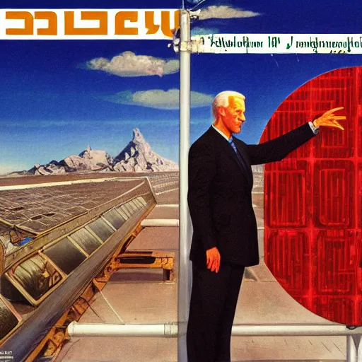 Prompt: solarpunk soviet propaganda of joe biden standing in front of solar panels by j. c. leyendecker, bosch, lisa frank, jon mcnaughton, and beksinski