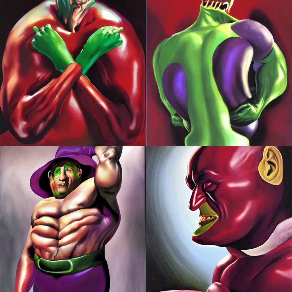 Prompt: eggplant man by alex ross