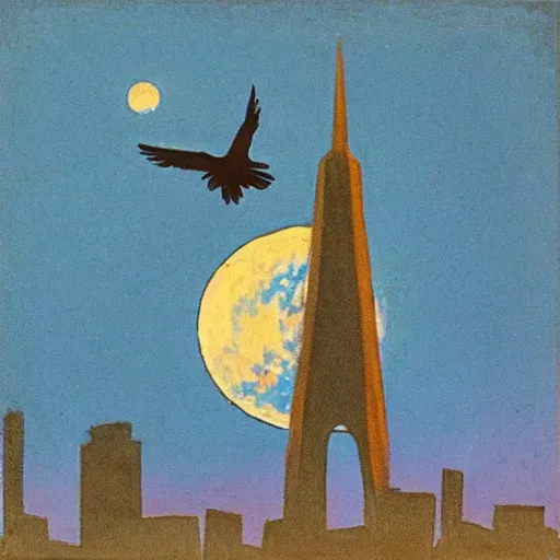 Prompt: “raven in-front of an city under the moon, art deco, 1950’s, glowing highlights, dramatic”