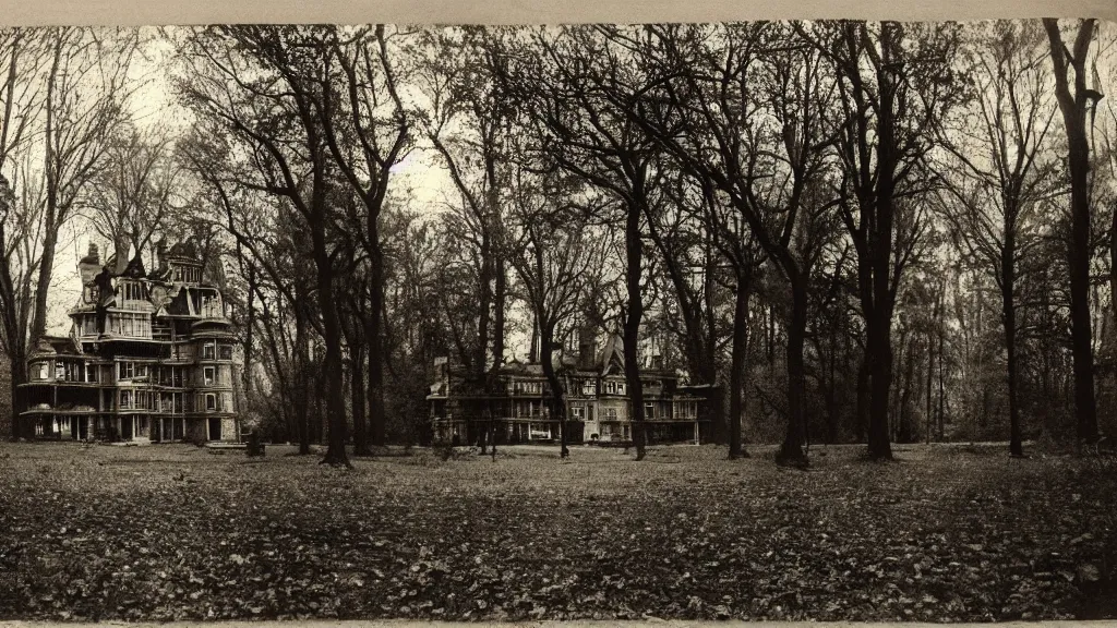 Image similar to An epic photo of a gloomy Victorian mansion in dark forest. by Diane Arbus and Louis Daguerre. highly detailed. 85mm, Bokeh