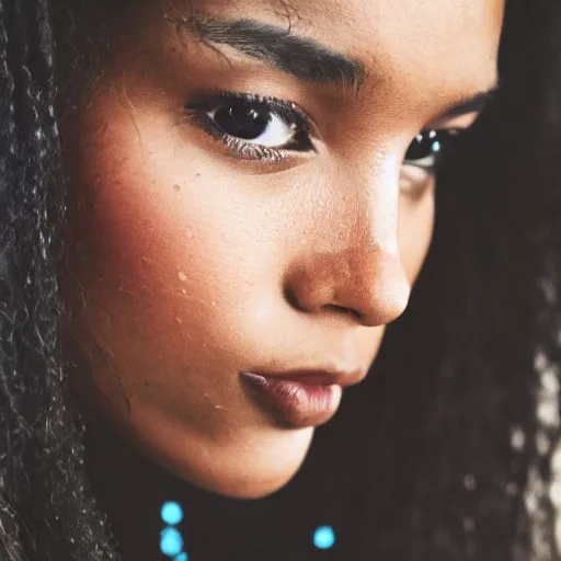 Prompt: closeup photo of a young american tribal woman in the style of rosie matheson