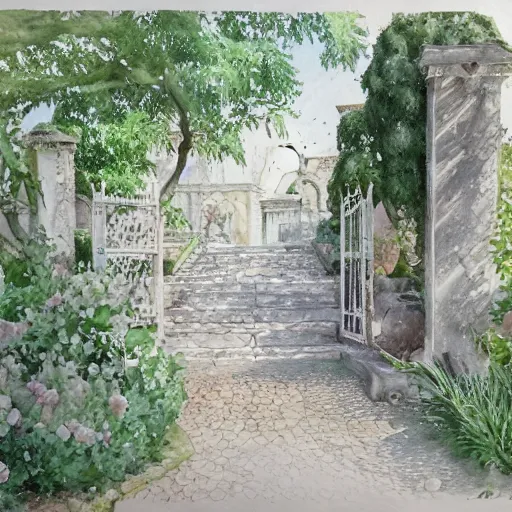 Prompt: delicate, garden, paved, botanic watercolors, iridescent, 8 k, realistic shaded, fine details, artstation, italian, chairs, iron gate, oak tree, pompeii