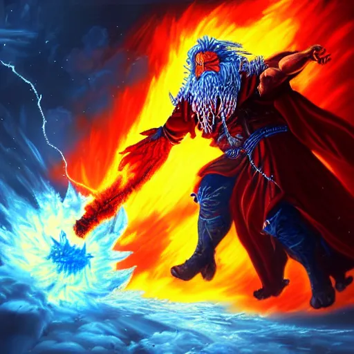 Image similar to Highly detailed oil painting, concept art, of a wizard casting a fireball spell, fighting against a huge ice giant, red and blue color scheme, concept art, highly detailed.