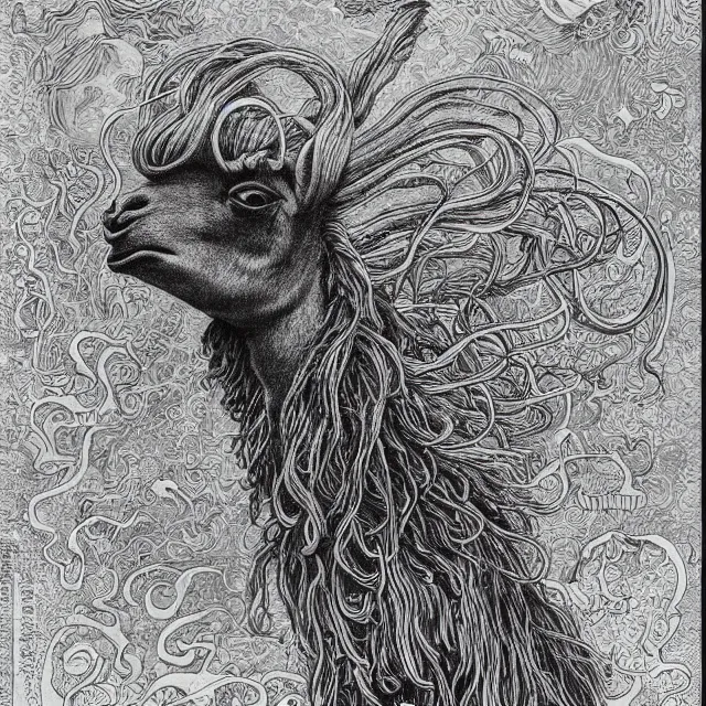 Image similar to llama with dreadlocks, by otomo katsuhiro, ernst haeckel, james jean