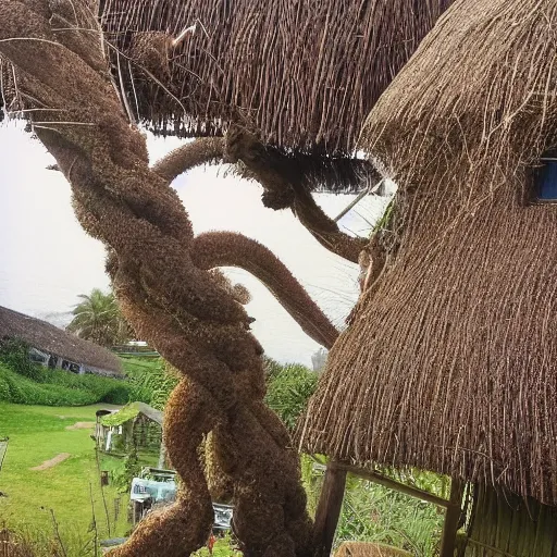 Image similar to “Octopus made of thatch, on top of a thatched cottage, tentacles made of thatch hanging down over the roof, photograph”