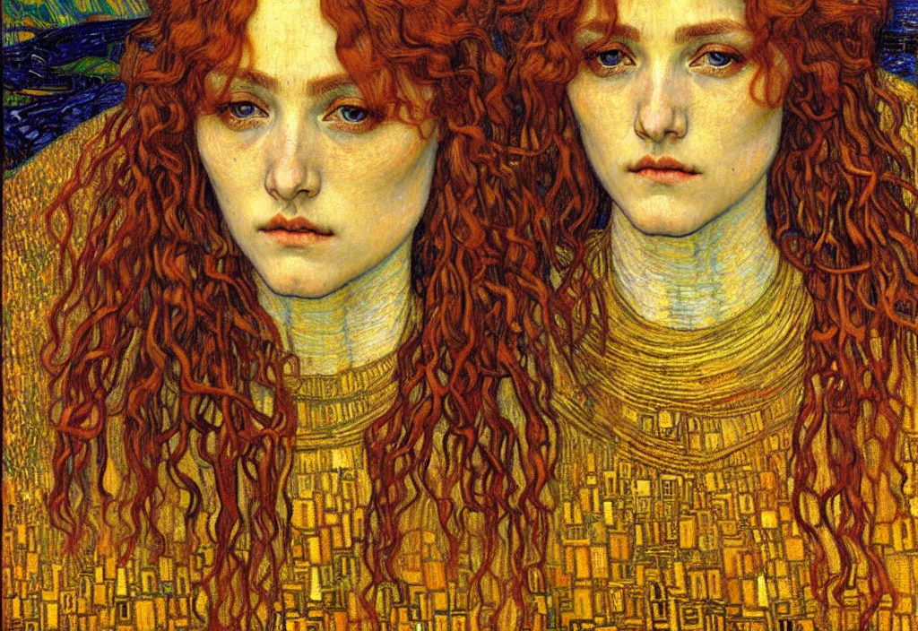 Image similar to detailed realistic beautiful young medieval queen face portrait by jean delville, gustav klimt and vincent van gogh, art nouveau, symbolist, visionary, gothic, pre - raphaelite, muted earthy colors, desaturated