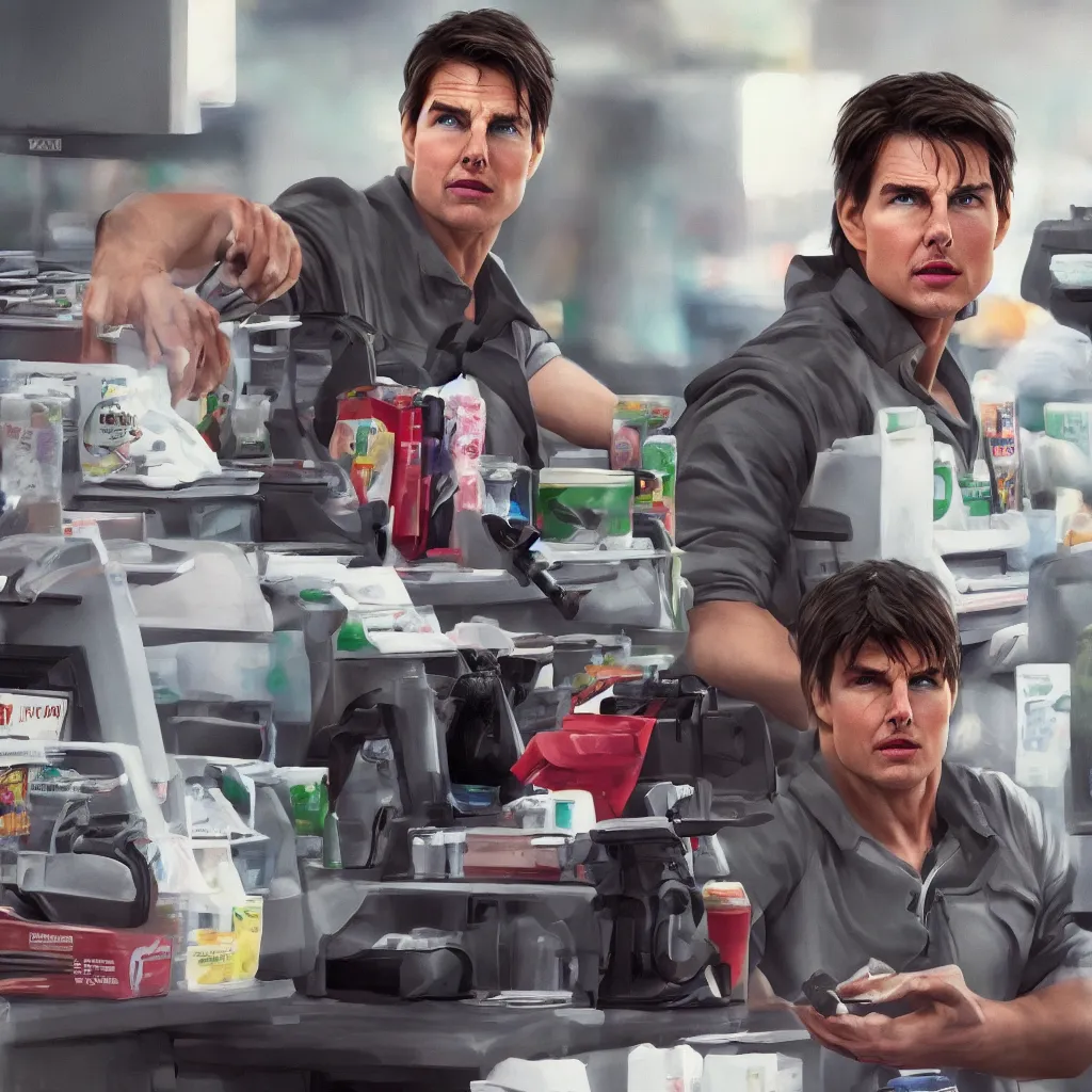 Prompt: Tom Cruise working as a 7/11 cashier, macro, dramatic, artstation, 8k, HD