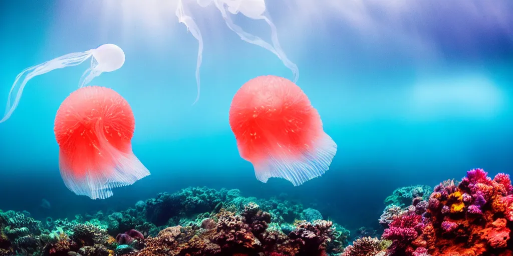 Image similar to full - length professional photo underwater coral reefe landscape wild nature with a transparent big flying jellyfish, ultra high detailed, volumetric lightning, photo by david doubilet