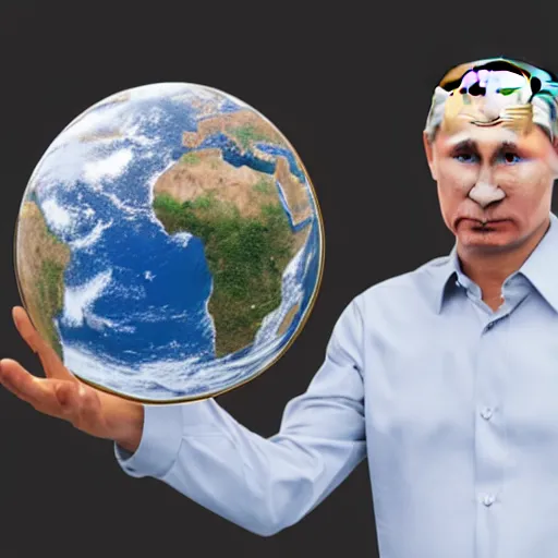 Image similar to photo of robotic putin holding earth in his hands