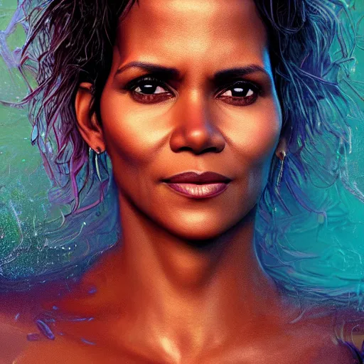 Image similar to photorealistic halle berry. hyperdetailed photorealism, 1 0 8 megapixels, river, amazing depth, glowing rich colors, powerful imagery, psychedelic overtones, 3 d finalrender, 3 d shading, cinematic lighting, artstation concept art