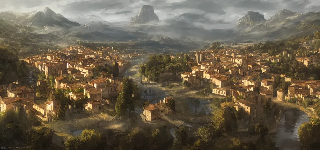 Prompt: lourmarin, landscape, alex ross, eddie mendoza, raphael lacoste, sebastian ludke, concept art, matte painting, highly detailed, rule of thirds, dynamic lighting, cinematic, detailed, magnificiant landscape, denoised, centerd