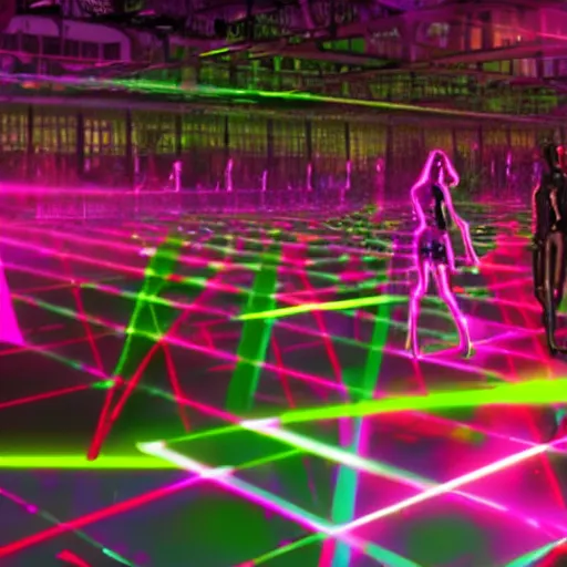 Prompt: A very crowded 2am rave inside of a NYC warehouse in the Meat Packing District with multicolored laser lights, in the style an Aeon Flux cartoon scene, HD