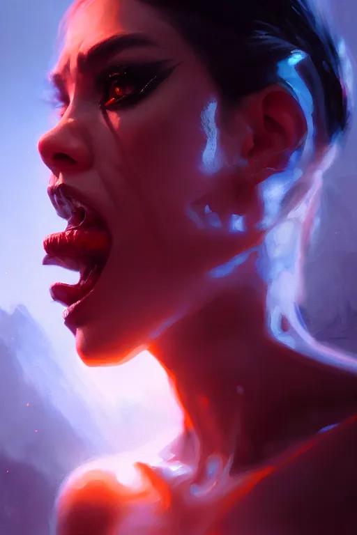 Image similar to cinematic shot of an epic portrait of an angry demon dressed, stylised, shiny skin, beautiful eyes, beautiful, small details, night setting, realistic poster with volumetric light from craig mallism, artgerm, jeremy lipkin and michael garmash, unreal engine, radiant light, digital art, trends at art station, a masterpiece