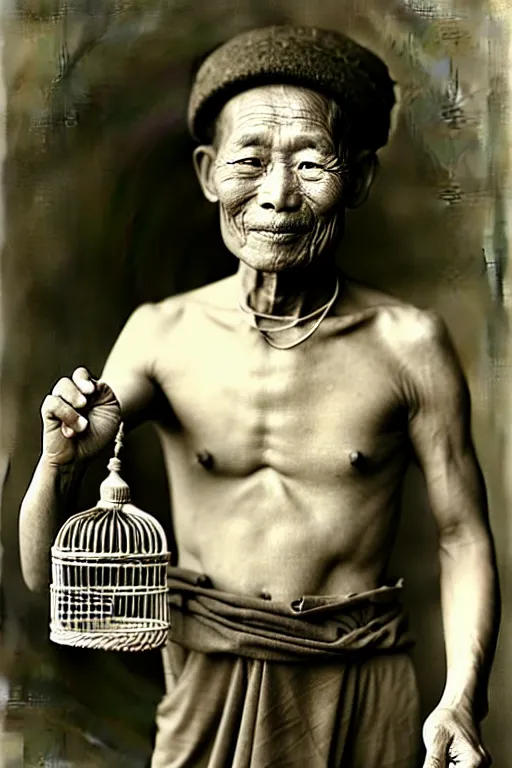 Image similar to ultra realistic vintage photo portrait of a tibetan man with a birdcage in the chest, by Annie Leibovitz,