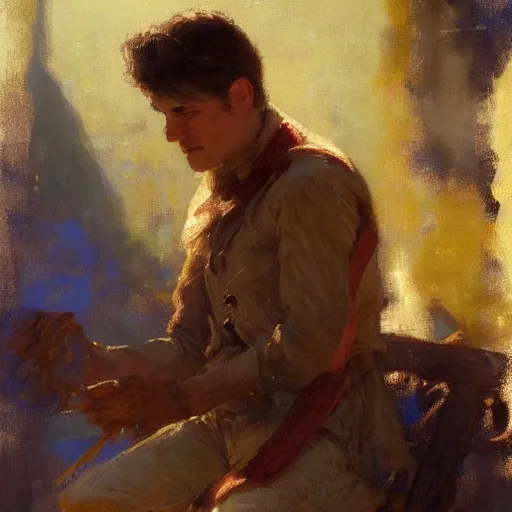 Image similar to a man with a blowout haircut, painting by Gaston Bussiere, Craig Mullins