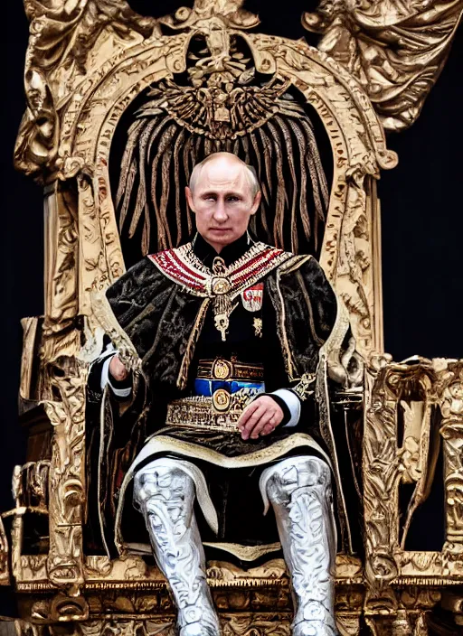 Image similar to A photo of vladimir putin the barbarian sitting on his throne, award winning photography, sigma 85mm Lens F/1.4, perfect faces