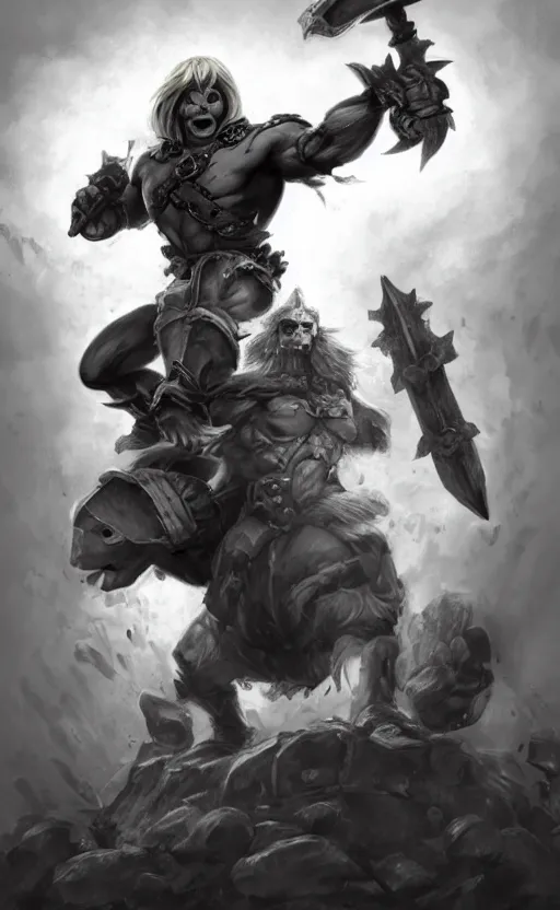 Prompt: Full body centered uncut character pose of mysterious-eerie-ominous He-Man, He-Man is holding the Power Sword in his right hand and the Grey Skull in his left hand, He-Man rides the Battle Cat, dark grey shadowy smokey background, direct natural lighting, cinematic, Epic, ultra-detailed, sharp focus, colored illustration, artwork by Jordan Grimmer and Greg Rutkowski