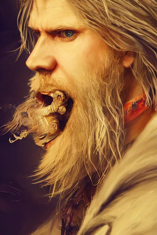 Image similar to blonde wild hair beard man, pirate eye - patch, playing guitare, close - up portrait, powerfull, intricate, elegant, volumetric lighting, scenery, digital painting, highly detailed, artstation, sharp focus, illustration, concept art, ruan jia, steve mccurry