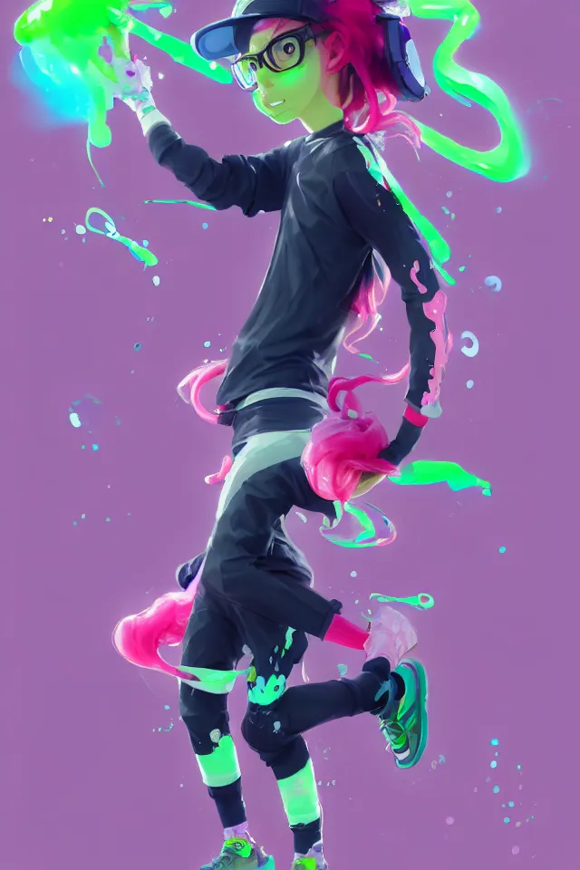 Image similar to a beautiful fullbody portrait of a cute splatoon anime boy with pink hair and green eyes wearing sports clothing tight leggings. character design by cory loftis, fenghua zhong, ryohei hase, ismail inceoglu and ruan jia. artstation, volumetric light, detailed, photorealistic, fantasy, rendered in octane