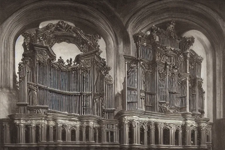 Prompt: pipe organ intricately carved from dark smoke, high detail baroque oil painting, alan lee, caravaggio, michelangelo